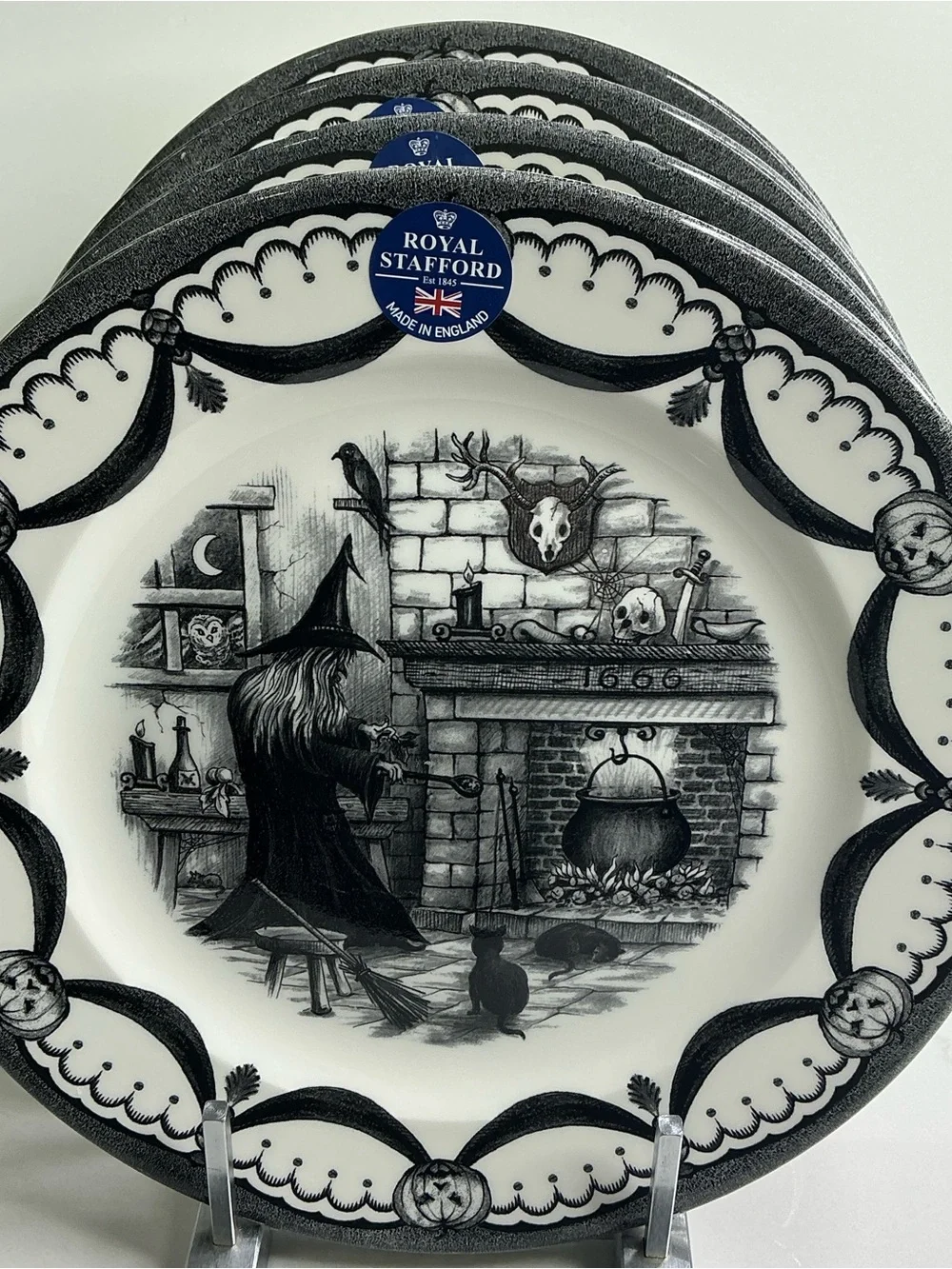 4 Royal Stafford Salad Plates HALLOWEEN HOME 8in Ceramic Spooky Boo New